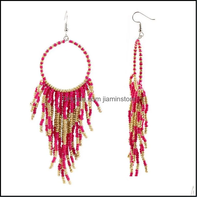  boho ethnic tassel earrings women vintage rice beads long drop dangle silver ear hook for ladies fashion jewelry gift