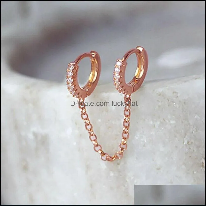 creative two hole hoop huggie piercing earrings for women crystal zircon metal color chain earring party jewelry
