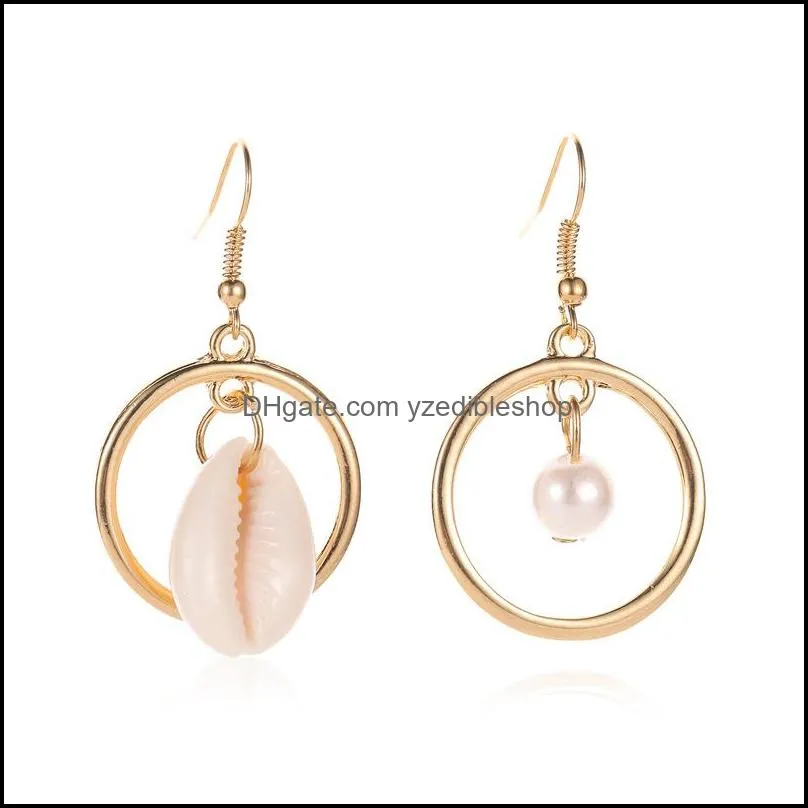 european and american asymmetrical beach conch dangle earrings for women round shell faux pearl drop earrings fashion jewelry gift