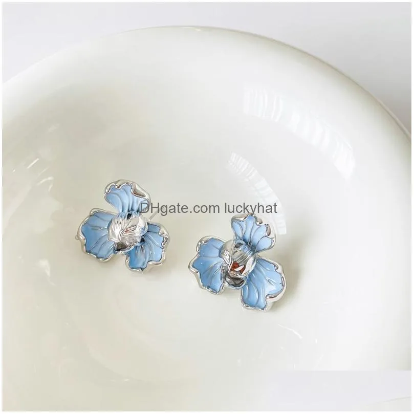 fashion jewelry enamel blue flower stud earrings for women three petal florals earrings