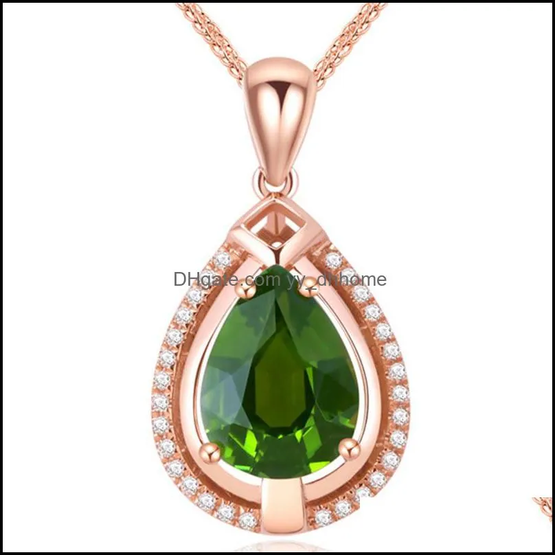 green crystal water drop stone pendant necklace for women rose gold pear cz zircon necklaces wedding choker necklace yydhhome