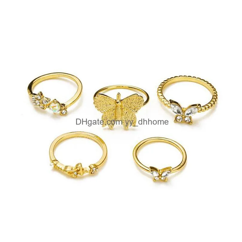 trendy crystal band rings set for women girls fashion geometric cz zircon butterfly knuckle finger rings jewelry