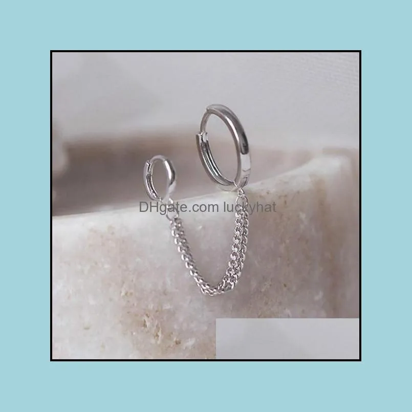 creative two hole hoop huggie piercing earrings for women crystal zircon metal color chain earring party jewelry