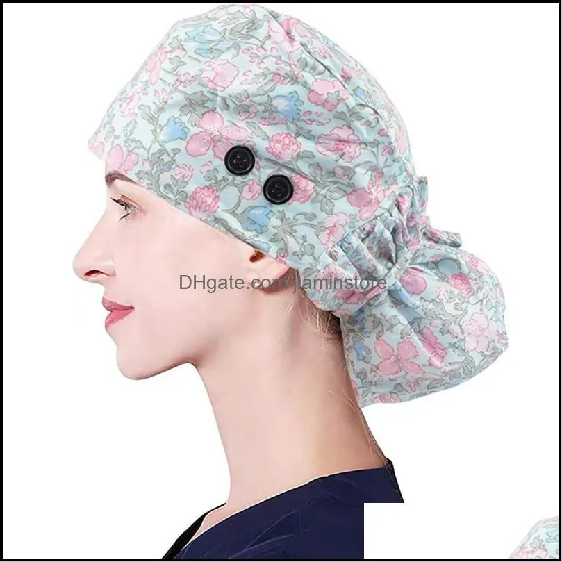 print adjustable long hair working cap with button ponytail holder scrub hats elastic nurse hat for women