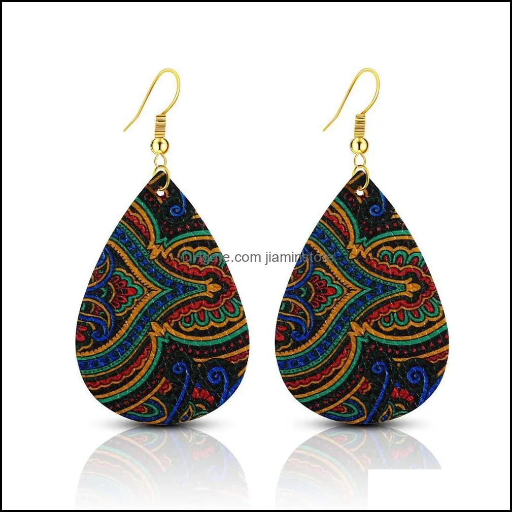 bohemian ethnic printing dangle earrings for women pu leather double sided water drop statement earrings 2019 boho jewelry in bulk