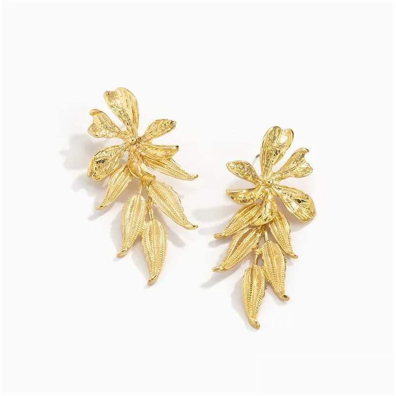 women flower gold leaf dangle earrings european alloy long tassel leaves earring stud for female party gift punk ear drop wearing jewelry
