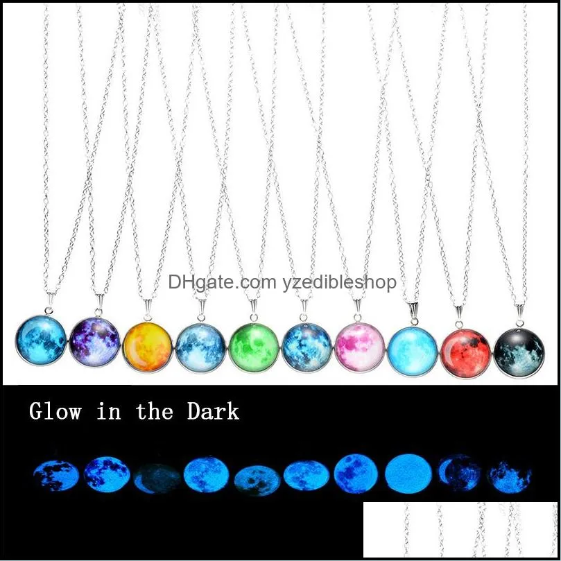 luminous galaxy universe nebula necklaces glow in the dark cabochon glass star moon pendant silver chain for women men fashion jewelry