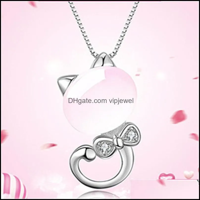 rose gold chains necklaces cute ross quartz pink opal necklace for women jewelry girls children gift cat pendant necklace vipjewel