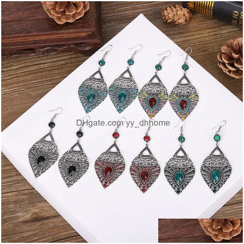 vintage silver color hollow water drop earrings bohemian boho jewelry ethnic crystal rhinestone dangle earrings for women