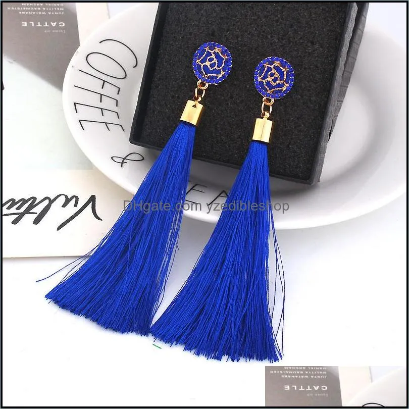 9colors boho ethnic tassel dangle earrings for women geometric crystal rose flower sign long silk fringed dangle statement earring