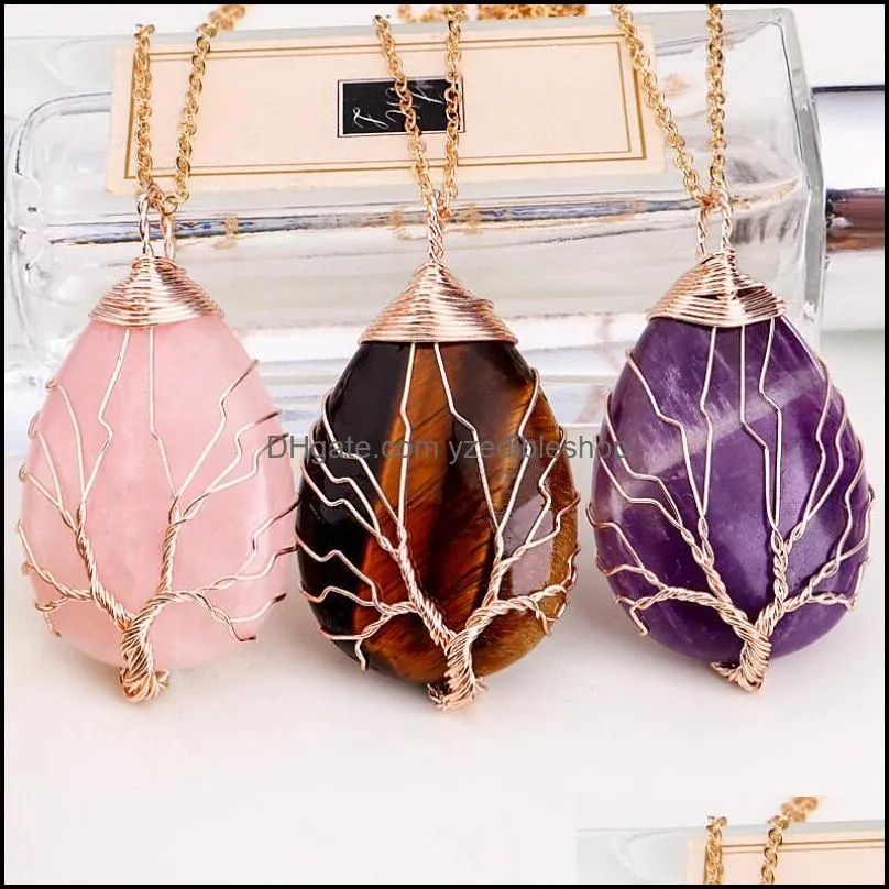 women pendant tree of life necklace natural stone pendants gold color wire wrap gem pink quartz tiger eye green suspension