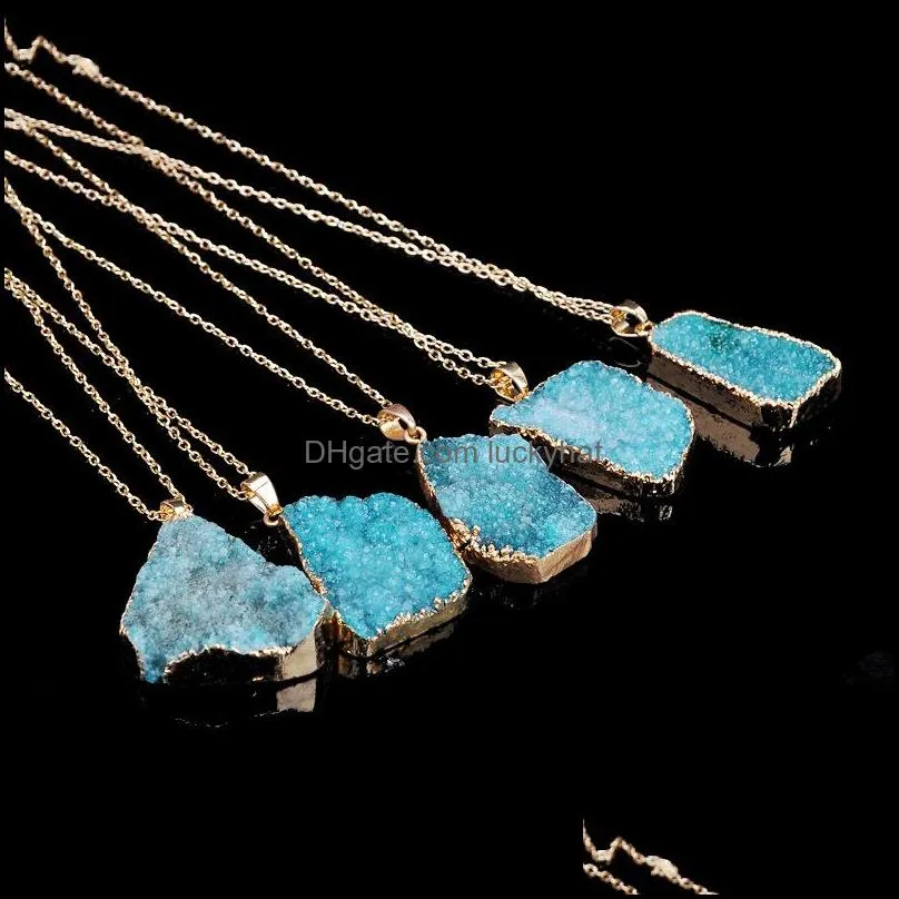 fashion natural crystal quartz stone necklaces geometric druzy healing gemstone pendant gold chain necklace for ladies modish jewelry