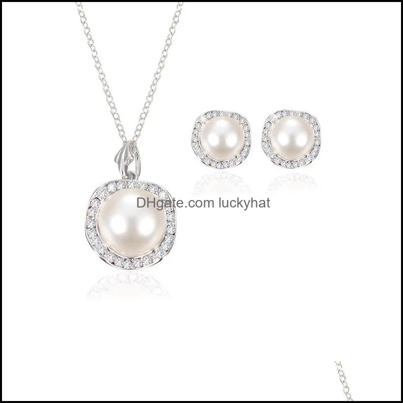 women wedding pearl pendant necklace stud earrings set for ladies crystal faux fake pearl jewelry bride bridesmaid engagement gift