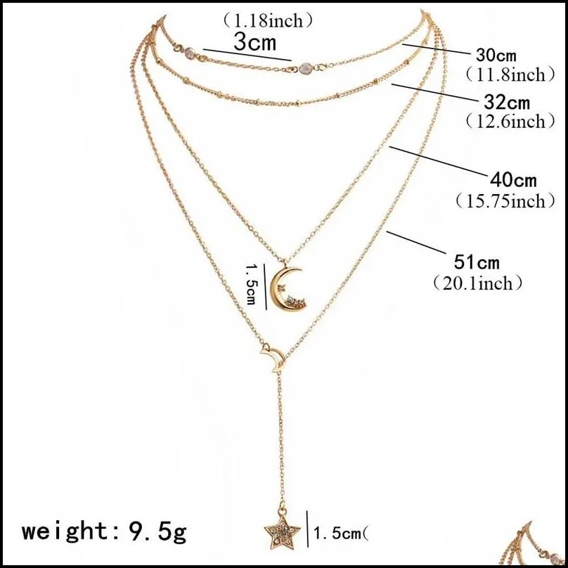 rhinestone moon star pendant necklace for women bohemia multilayer gold chain long necklace party fashion jewelry