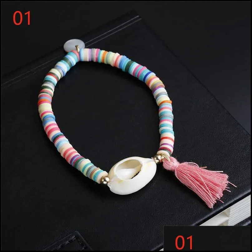 fashion white shell elastic tassel charm bracelet bohemian colorful polymer clay beaded bracelets for women diy jewelry making gift