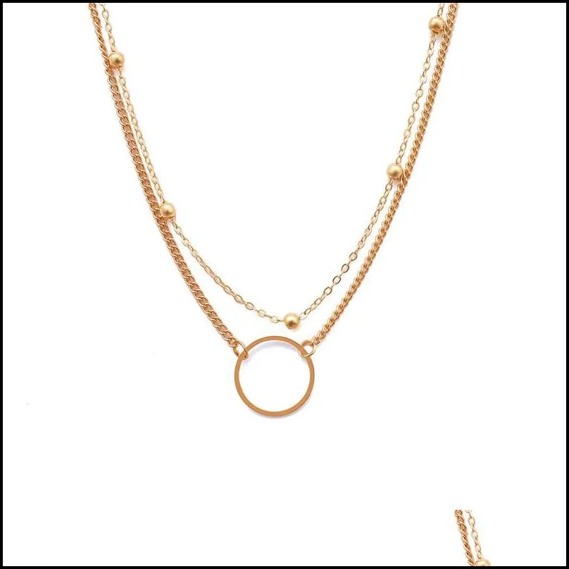 2pcs/set gold chain circle pendant chokers necklaces for women simple copper beaded chain short necklace fashion jewelry
