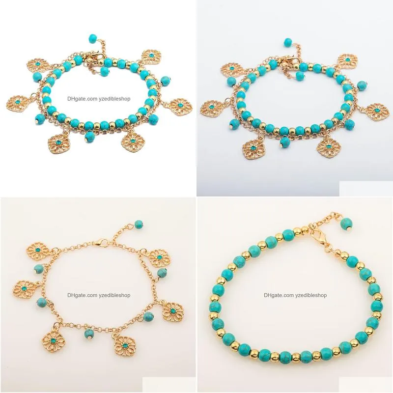 fashion jewelry retro beaded bracelets turquoise beads charms flower pendant bracelet
