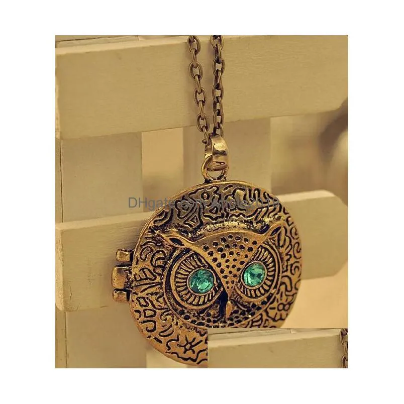 womens fashion jewelry retro openable locket owl pendant necklace sweater necklaces