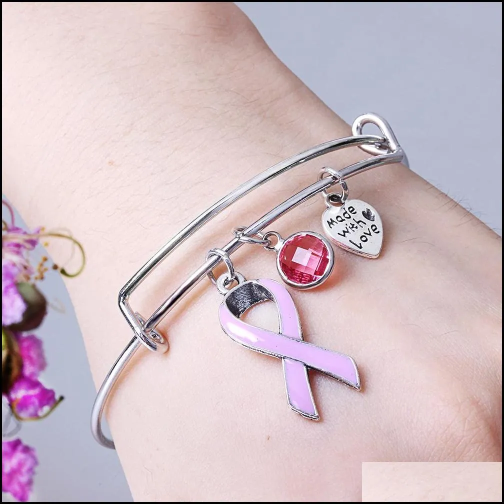 breast cancer pink ribbon crystal charm wire bangles bracelet hand made with love bracelets adjustable jewelry gift