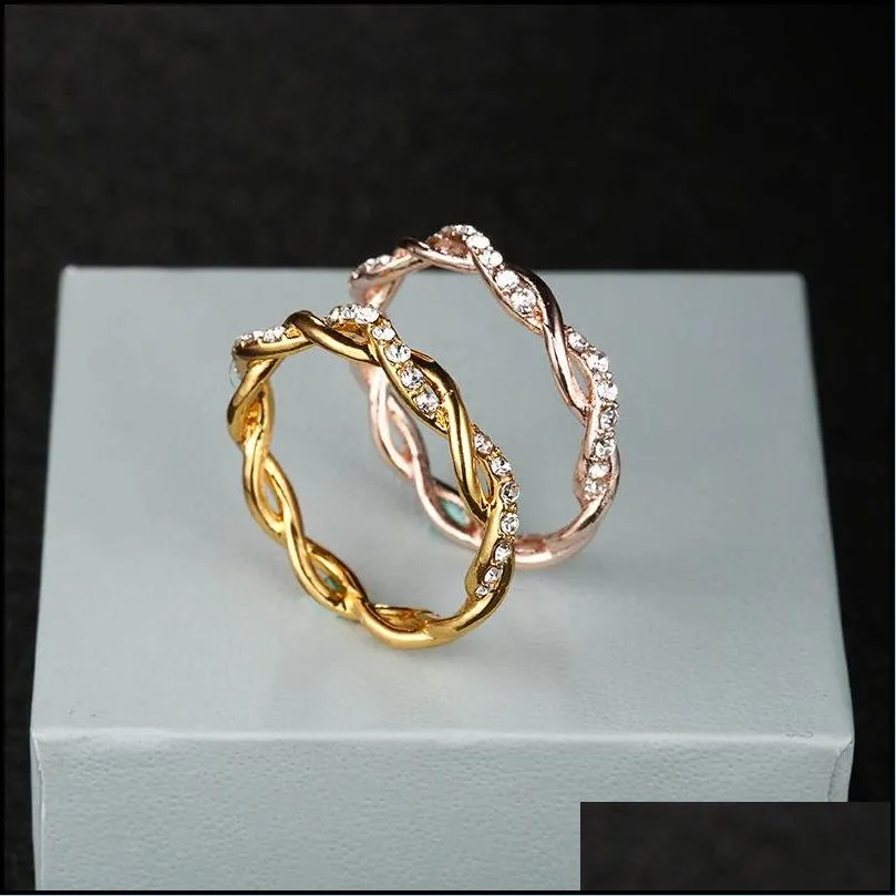 female fashion crystal rhinestone ring jewelry women round braided twist stackable rings women wedding party drop