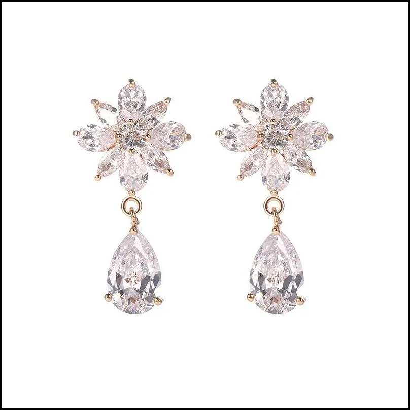 fashion designer women jewelry earrings flower cubic zirconia dangle earring 925 silver needle cz micro pave gold earring wedding gift