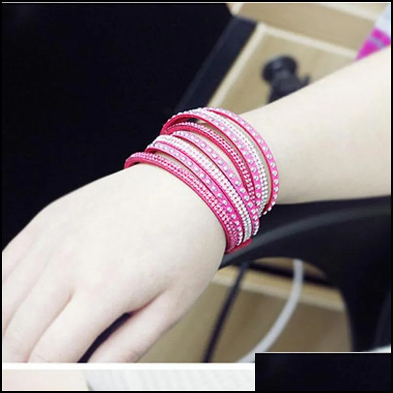 rhinestone crystal multilayer bracelets bangles flannel leather wrap bracelet wristbands for women snap button jewelry 40cm