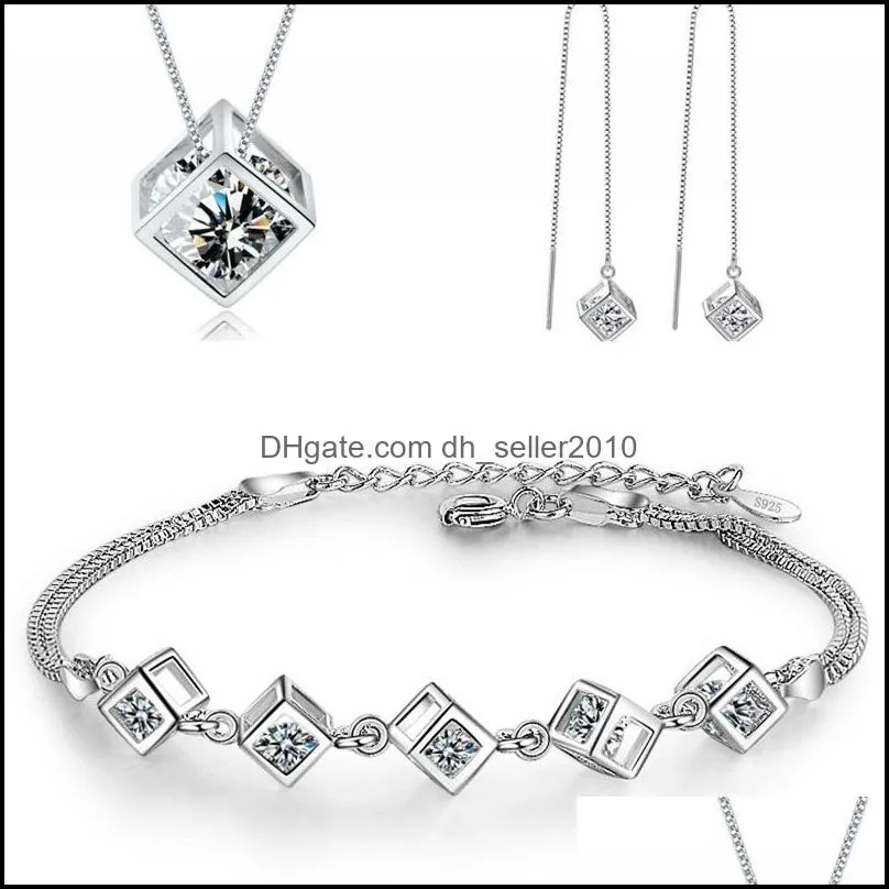 5 style 925 sterling silver jewelry sets zircon square cube necklaceaddearringsaddbracelet for women gift 702 q2