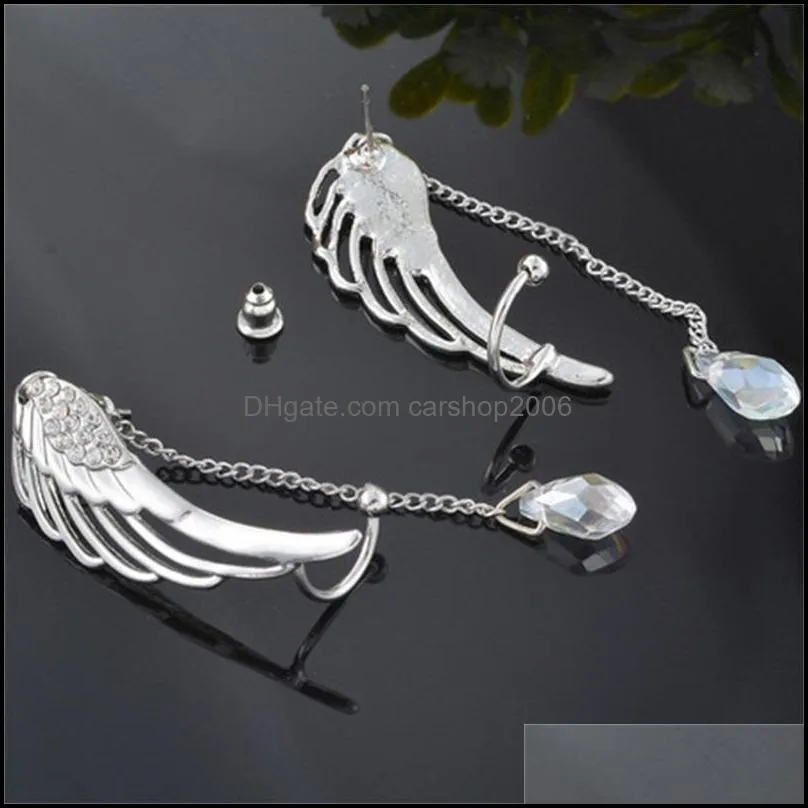 angel wing lady stud earring tassels chain crystal ear clip silver plated alloy hollowing out earrings ornaments charm fashion 1 95rq