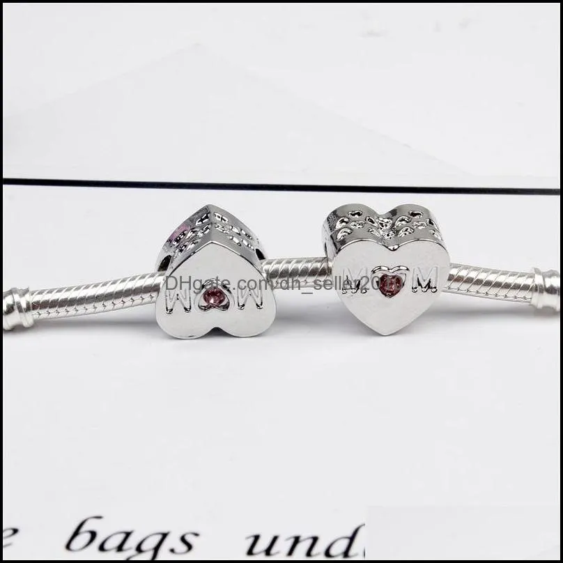 pink cubic zircon openwork mom charm beads fit pandora charm bracelet fashion jewelry wholesale accessory 864 r2