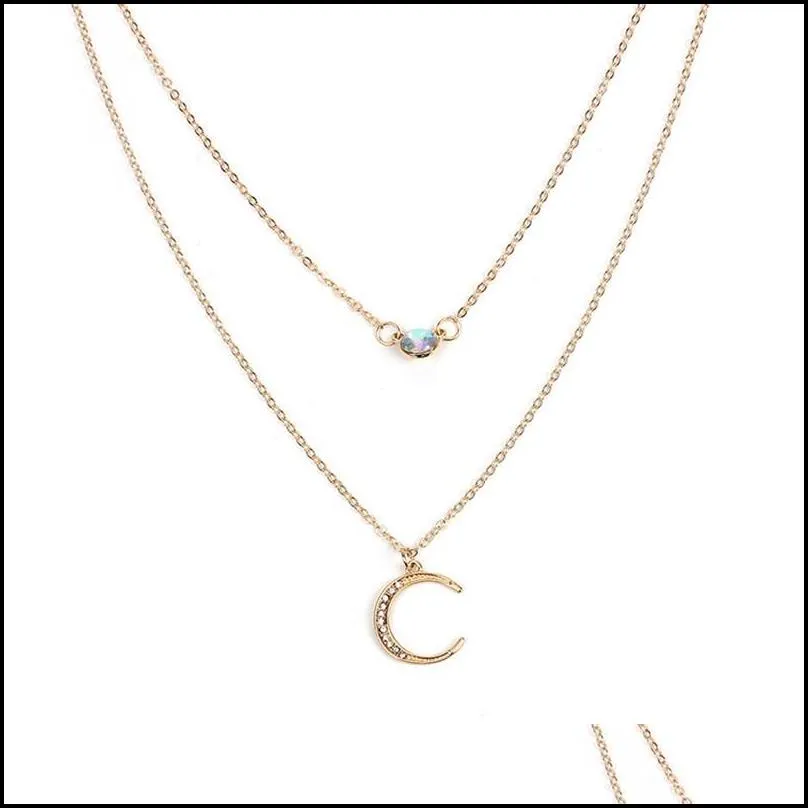 rhinestone crescent moon pendant necklace for women girls bohemia multilayer silver gold chain necklace party fashion jewelry