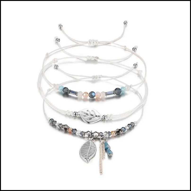 3pcs/lot bead bracelet for women multicolor crystal series tandem leaf heart round geometric pendant woven wax rope bracelet diy jewelry