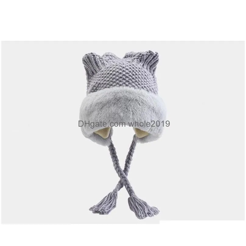 winter warm womens knitted hat sweet lovely ear cap braid faux fur fleece plush cotton hats