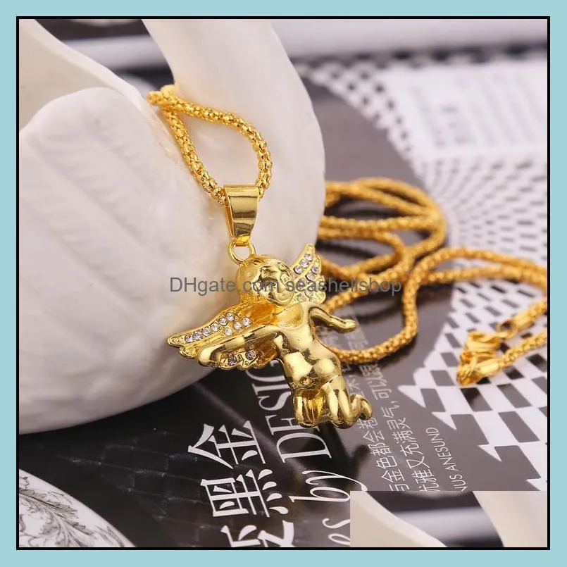  hip hop men necklaces diamante wing angel pendant necklace gold popcorn chains for women fashion high quality jewelry