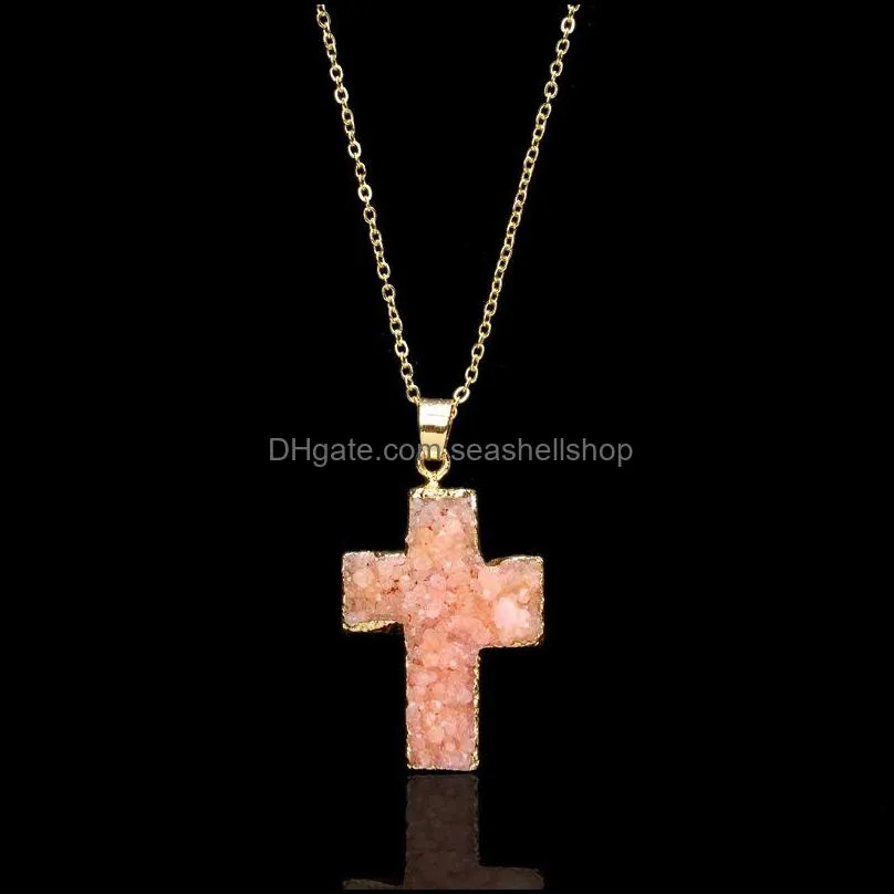  natural stone cross pendant necklace crystal healing point chakra gemstone druzy crucifix charm chain for women fashion jewelry