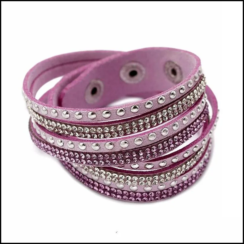 rhinestone crystal multilayer bracelets bangles flannel leather wrap bracelet wristbands for women snap button jewelry 40cm