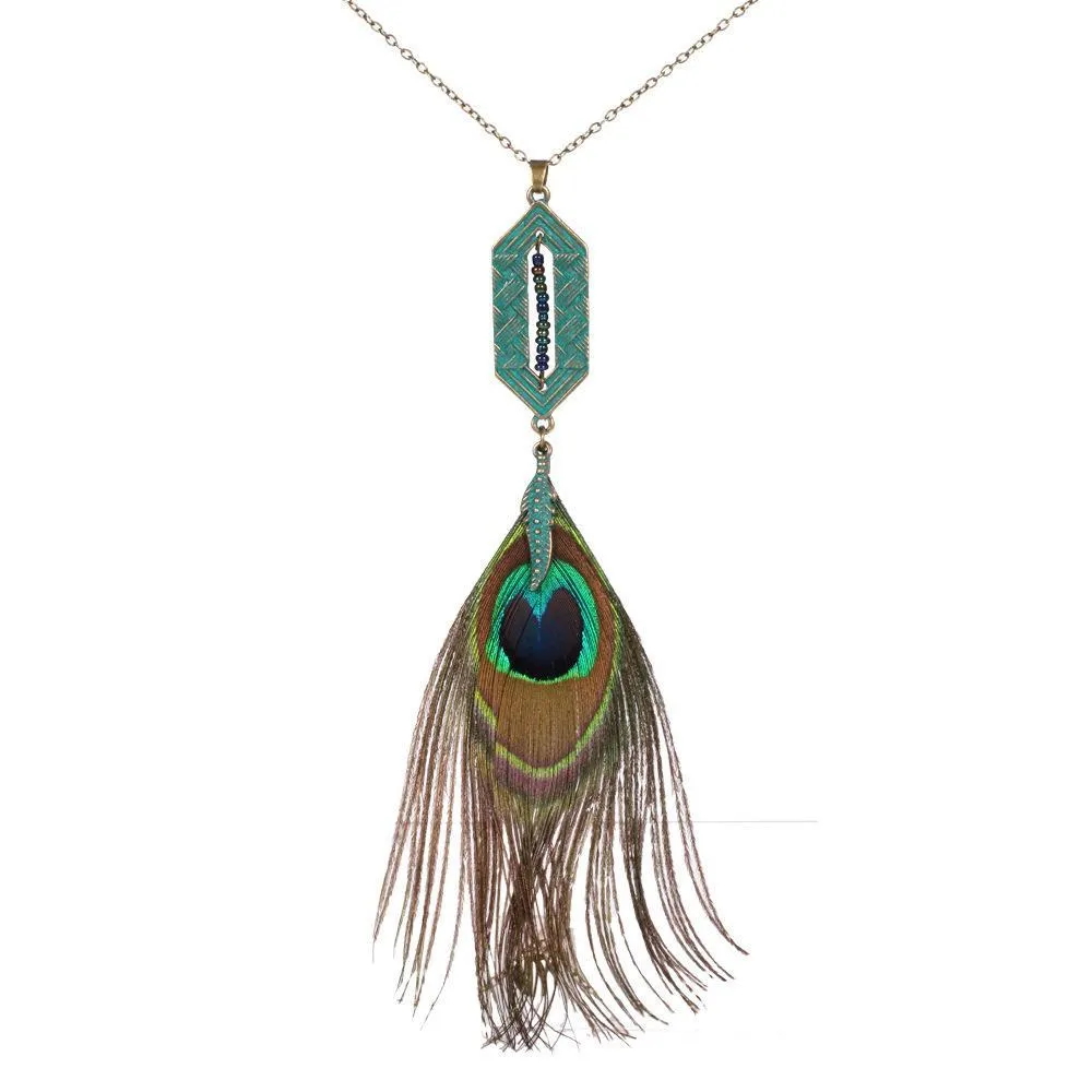 fashion jewelry vintage peacock feather necklace feather leaf pendant necklace