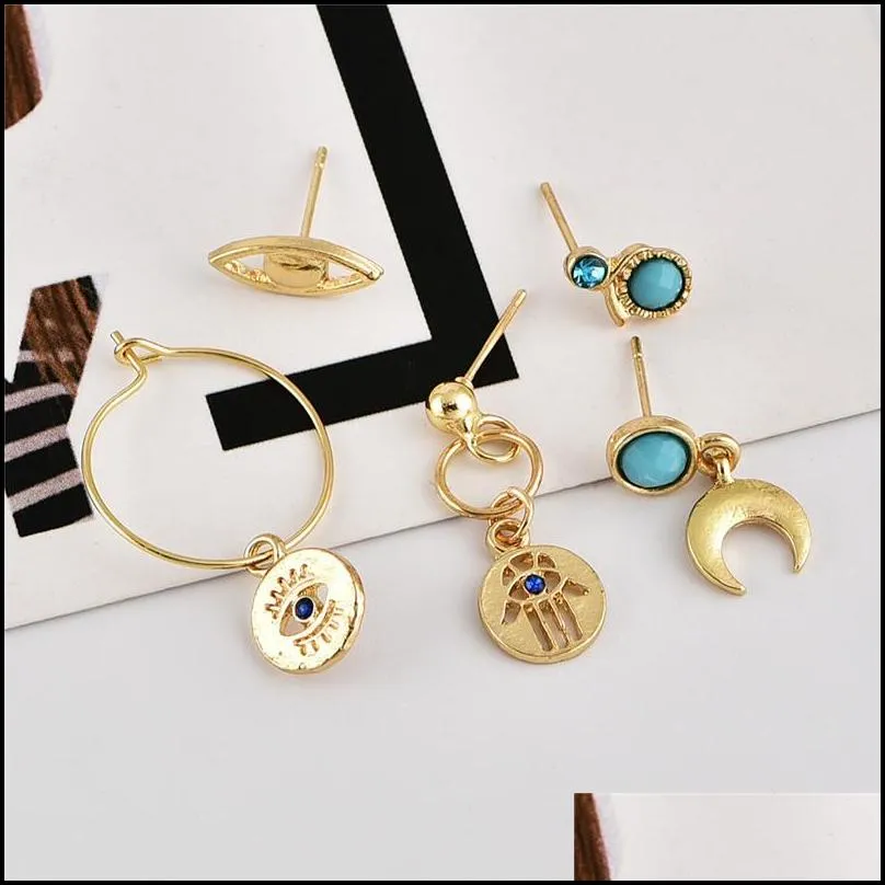 evil lucky eyes moon stud earrings set for women bohemian palm hamsa hand resin jewelry set