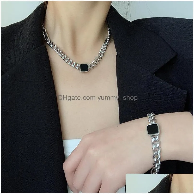 fashion jewelry exaggerated titanium steel thick chain necklace black square bracelet ring