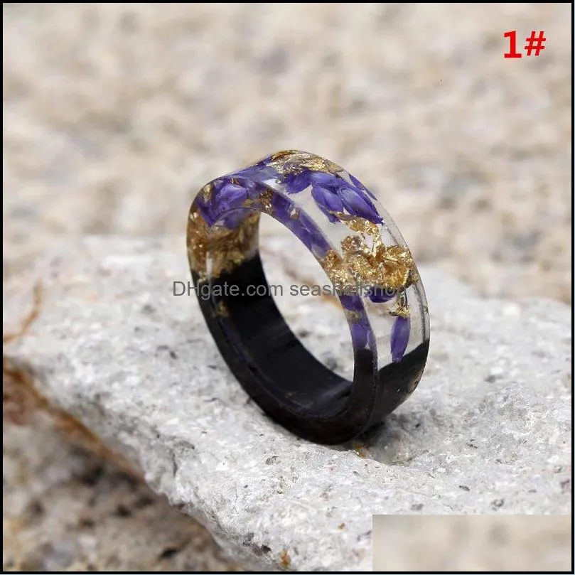  handmade wood resin rings gold foil flowers plants inside rings for women men fashion diy jewelry gift