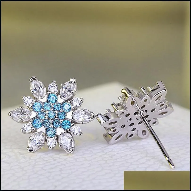 rose gold silver color romantic snowflake flower blue crystals clear cz stud earrings for women boho wedding jewelry exquisite lady