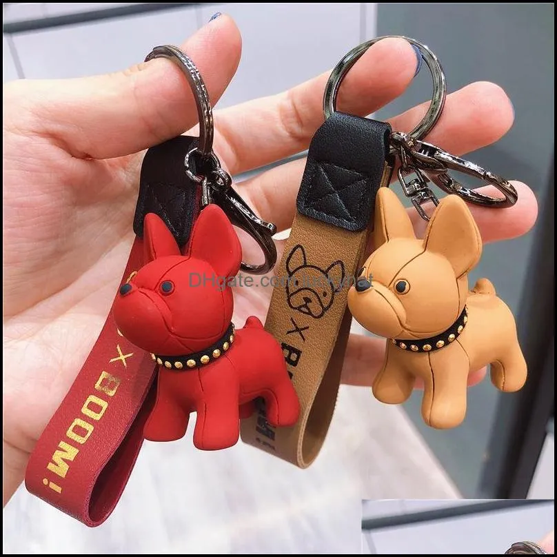 fashion punk french bulldog keychain pu leather dog keychains for women bag jewelry trinket mens car key ring key chain