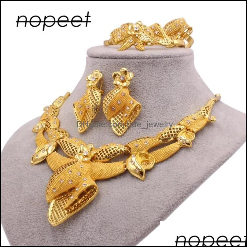 jewelry sets dubai 24k gold color ornament for women necklace earrings bracelet ring african wedding wife gifts jewelery set 982