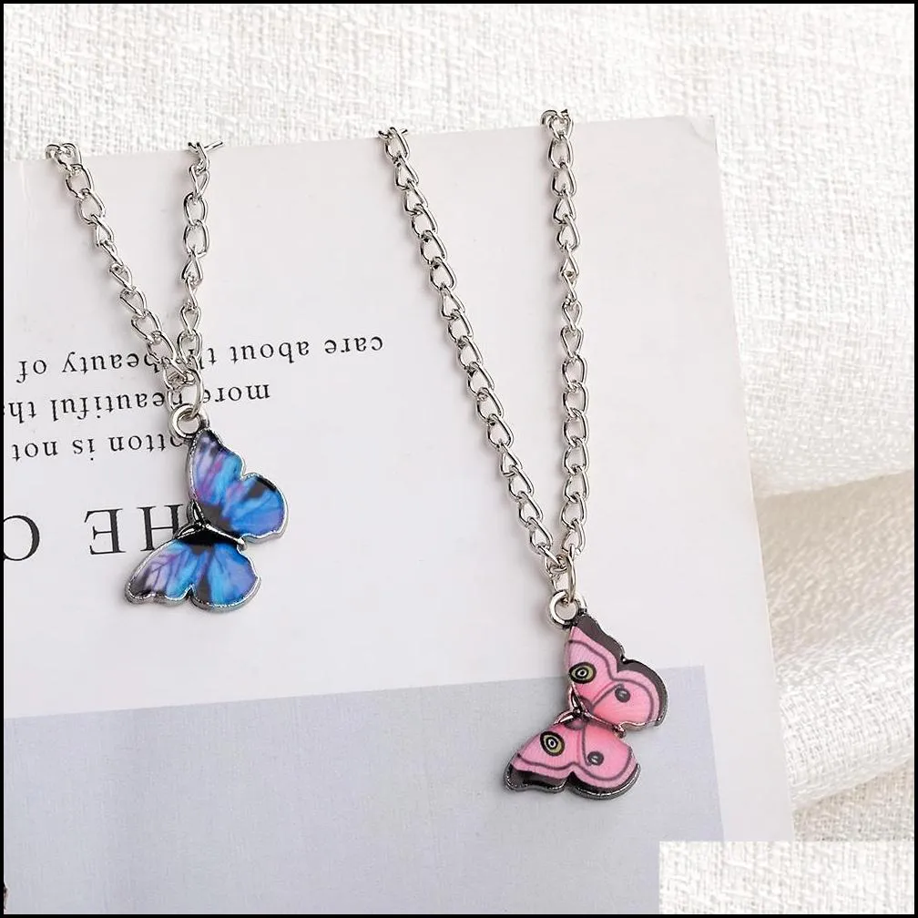 colorful blue butterfly metal pendant necklace for women trendy simple wild dangle vintage clavicle chain necklaces jewelry gift