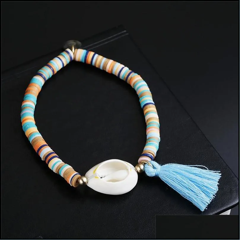 fashion white shell elastic tassel charm bracelet bohemian colorful polymer clay beaded bracelets for women diy jewelry making gift