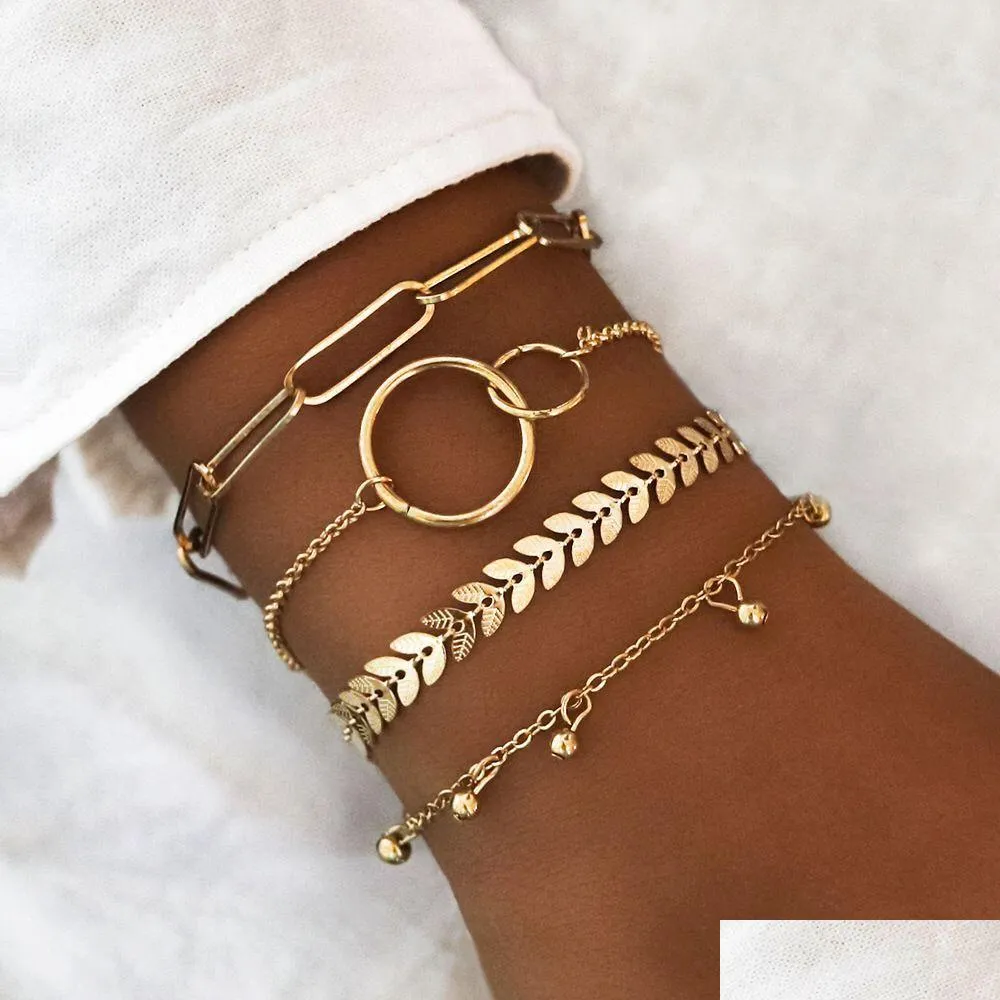 fashion jewelry multi layer bracelet set leaves beads dangle geometric hoop chain bracelet