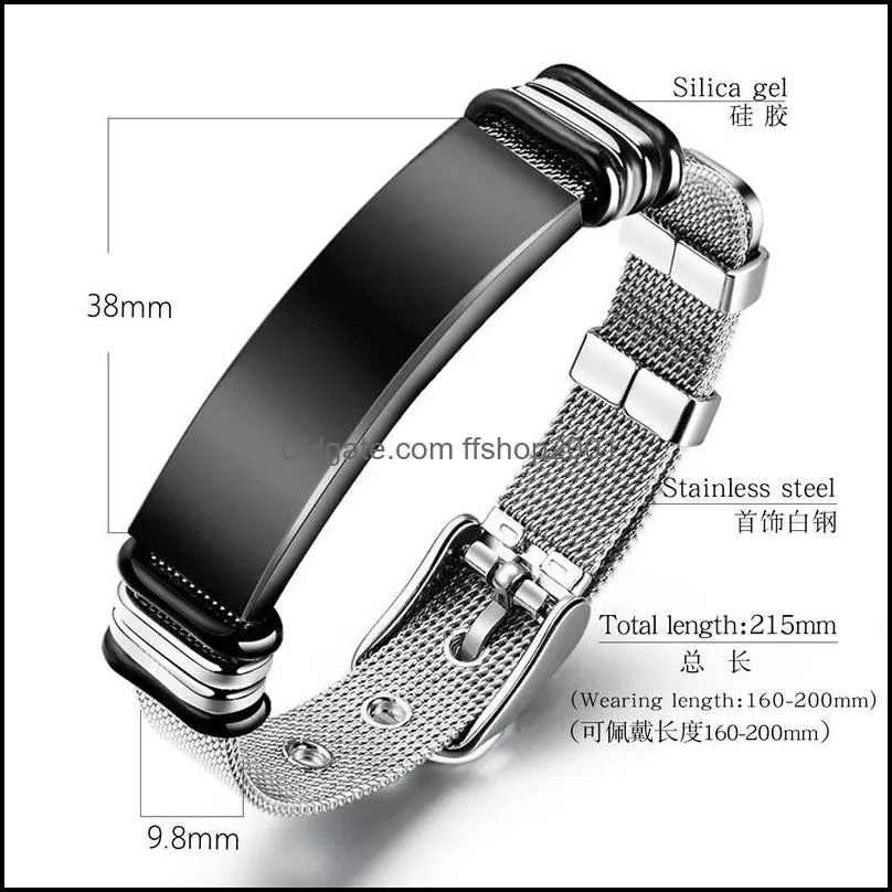 men bracelet fashion net identification adjustable stainless steel boy watch band curved bracelets personalized lettering