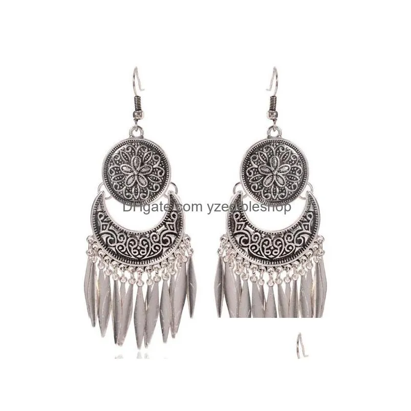 bohemian fashion jewelry womens vintage earrings flower carved flower tassels dangle earrings