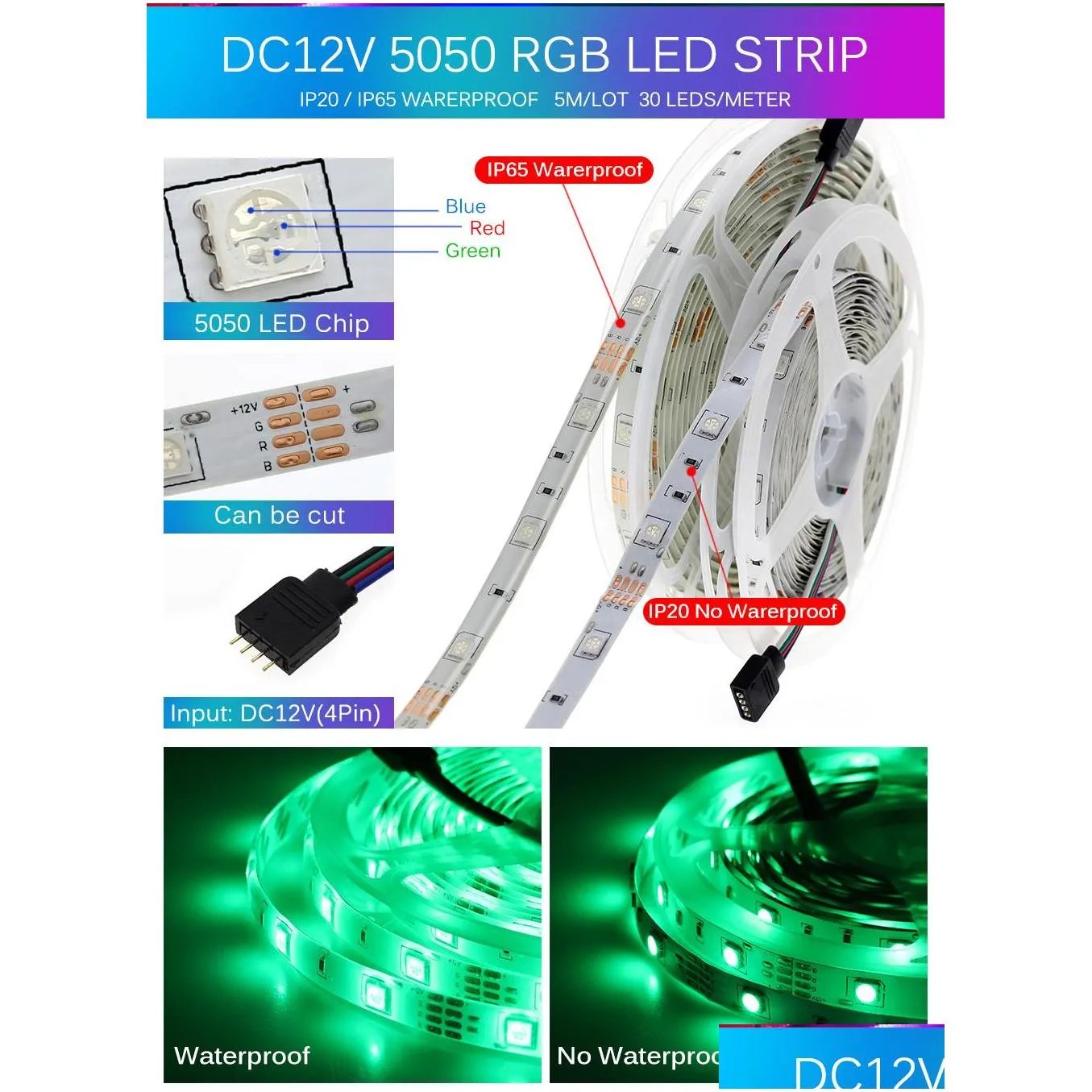 rgb led strip light 2835 5050 flexible neon ribbon 5m 10m 15m 20m rgb changeable wifi music controller add dc12v adapter plug
