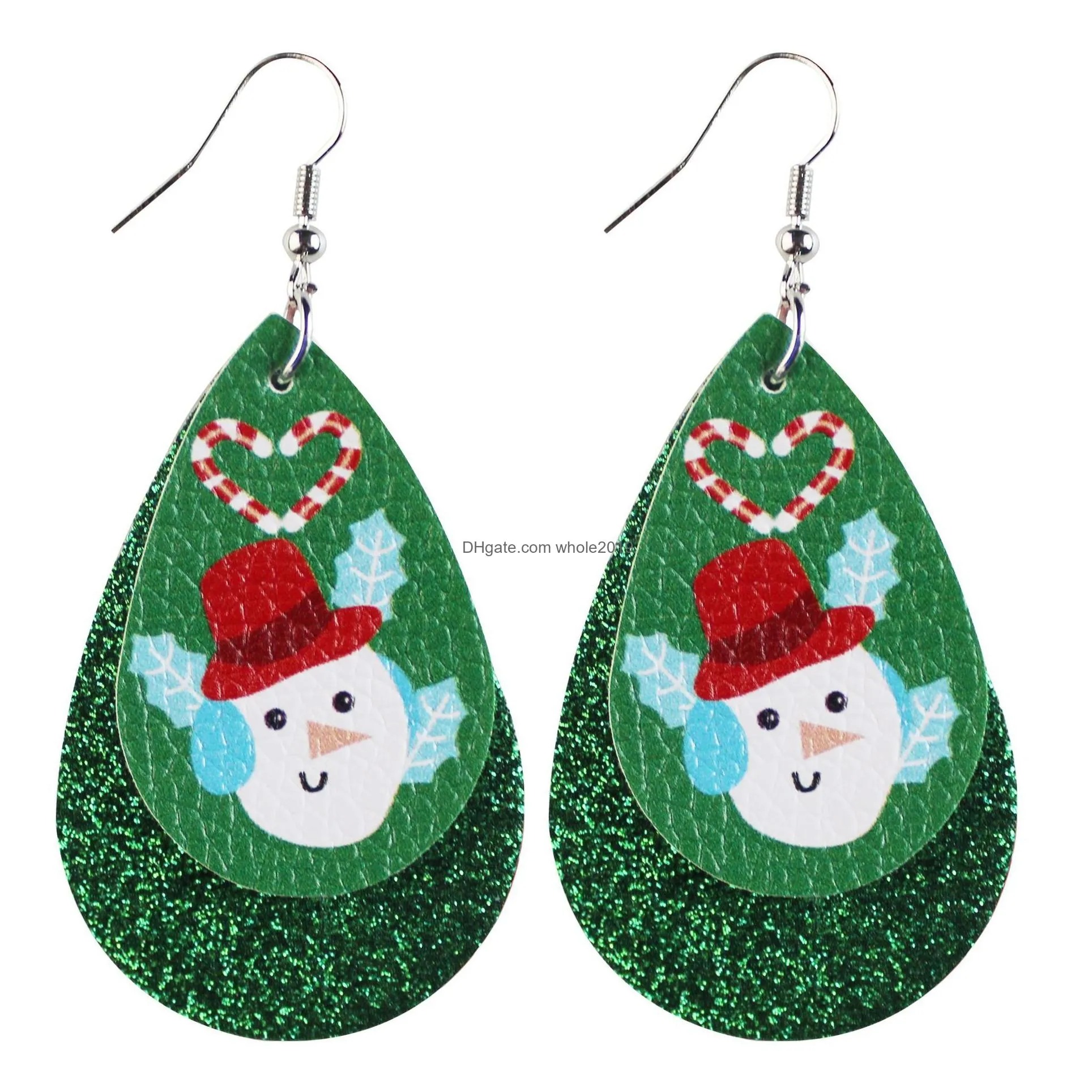 dangle christmas earrings for women double layer water drop tree elk santa claus snowman faux leather earrings