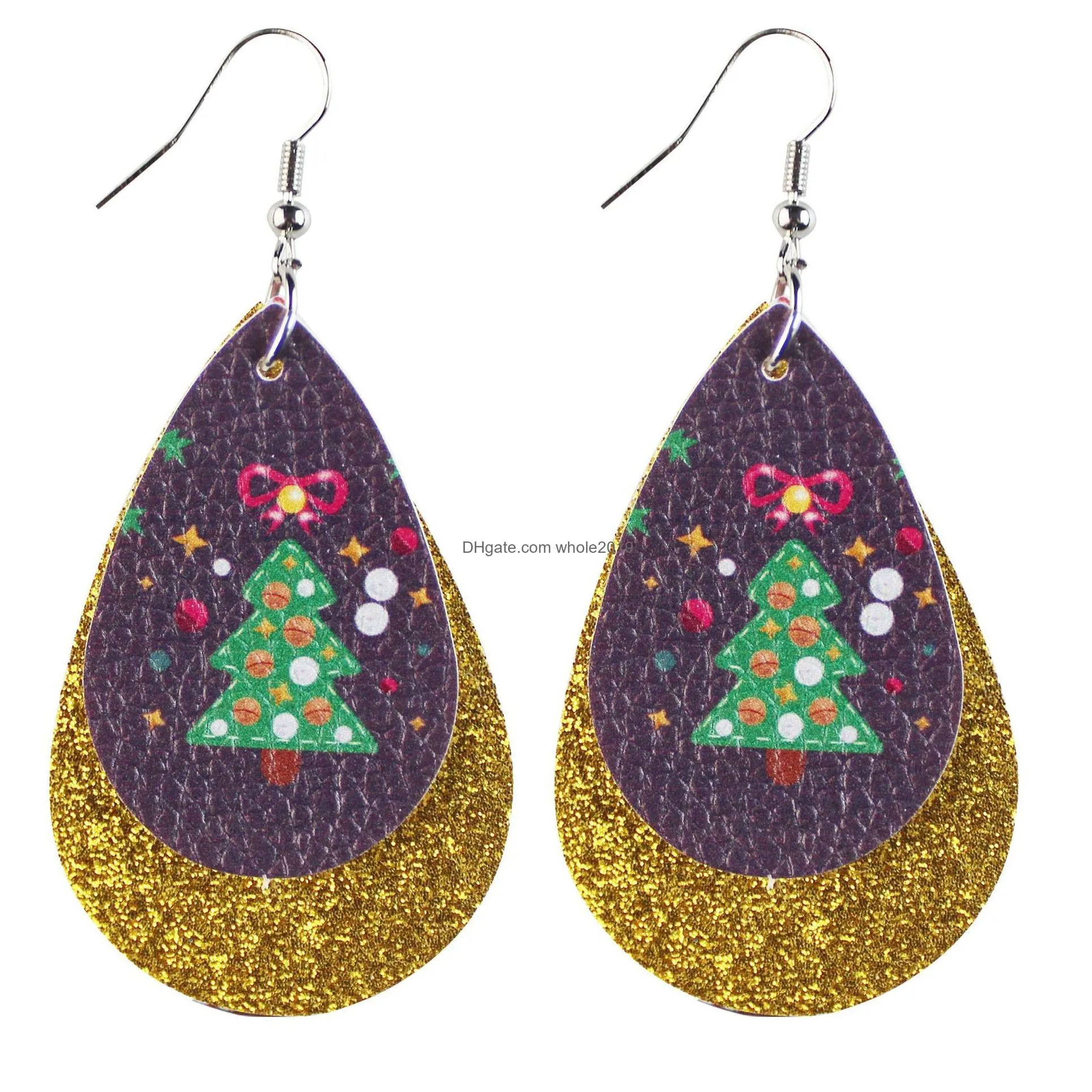 dangle christmas earrings for women double layer water drop tree elk santa claus snowman faux leather earrings